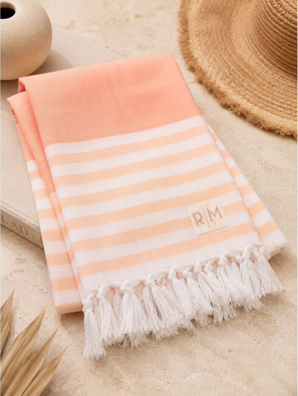 Rachel Miriam Positano Turkish Beach Towel Peach Striped Fringe NWT/NIP